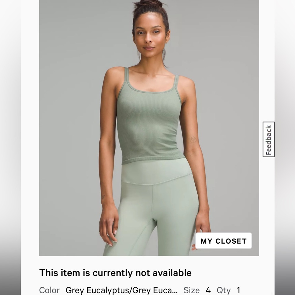 Lululemon Ebb to Street Scoop-Neck Cropped Tank Top - Green Eucalyptus Sz 4